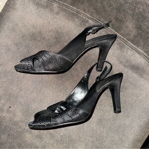 NINA Women’s Black Satin & Rhinestone Peep Toe Slingback Heels